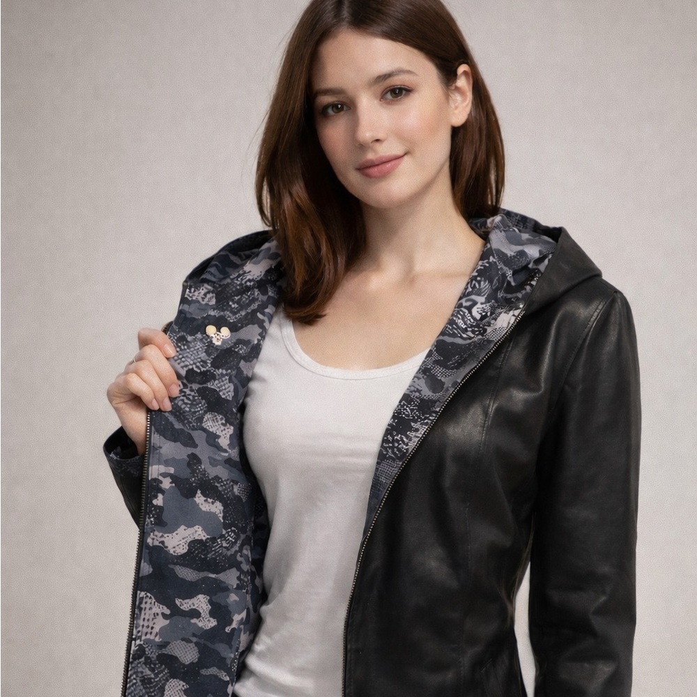 Soft genuine leather  double sided hooded Black  and printed fabric reversible